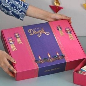 Luxury Diwali Gift Hamper Box | Gourmet Snacks, Tea, Candles & Personalised Card - Pink & Purple Design 24 Luxury Diwali Gift Hamper Box | Gourmet Snacks, Tea, Candles