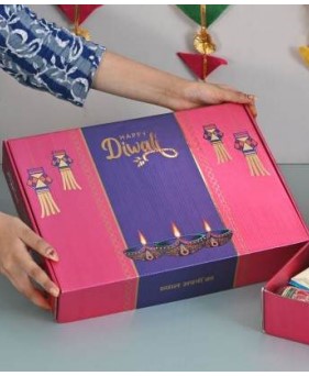 Luxury Diwali Gift Hamper Box | Gourmet Snacks, Tea, Candles & Personalised Card - Pink & Purple Design 8 Luxury Diwali Gift Hamper Box | Gourmet Snacks, Tea, Candles