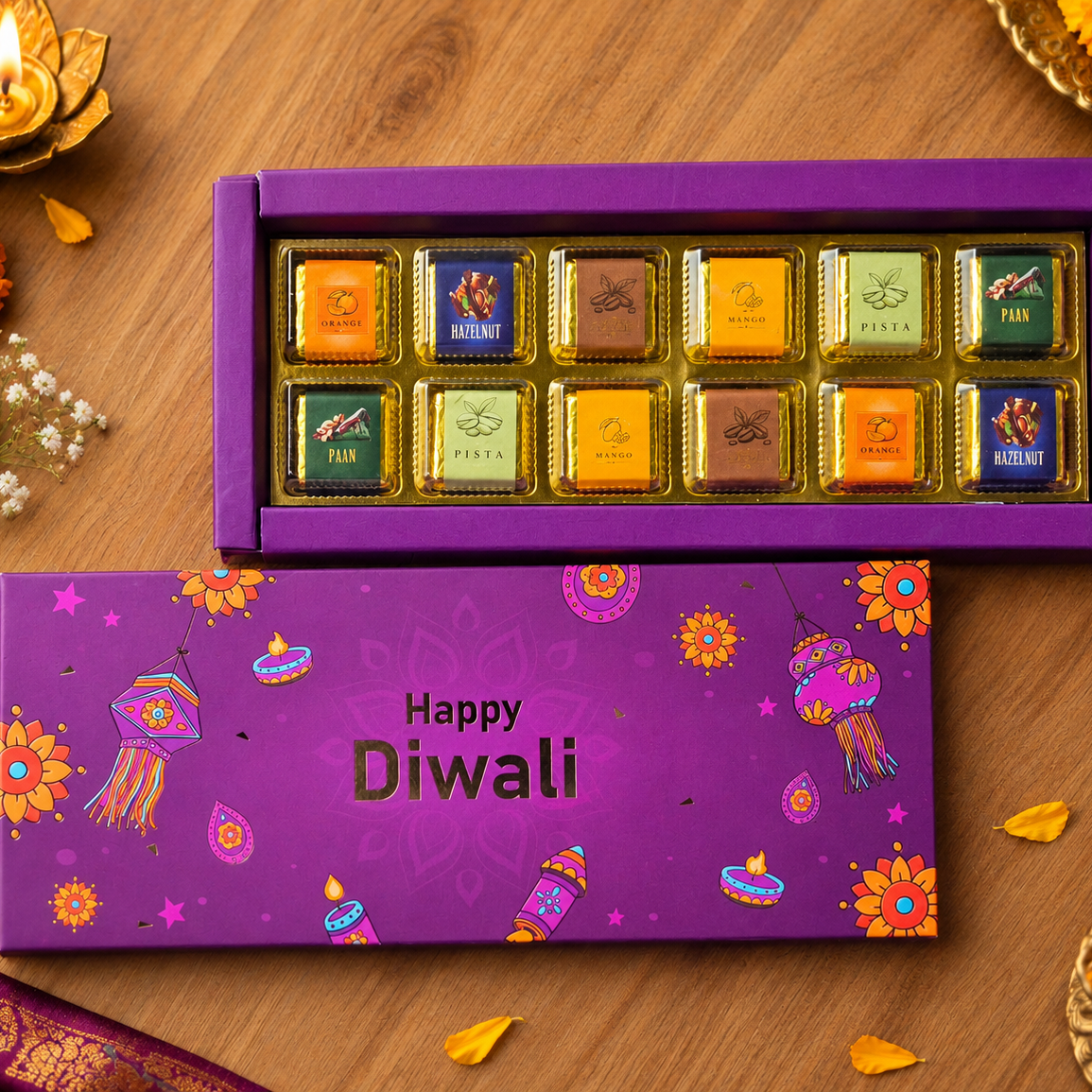 Chocolics Diwali Gift Box – 12 Assorted Handcrafted Chocolates | Luxury Festive & Corporate Gifting 9 12 assorted happy Diwali chocolate Box