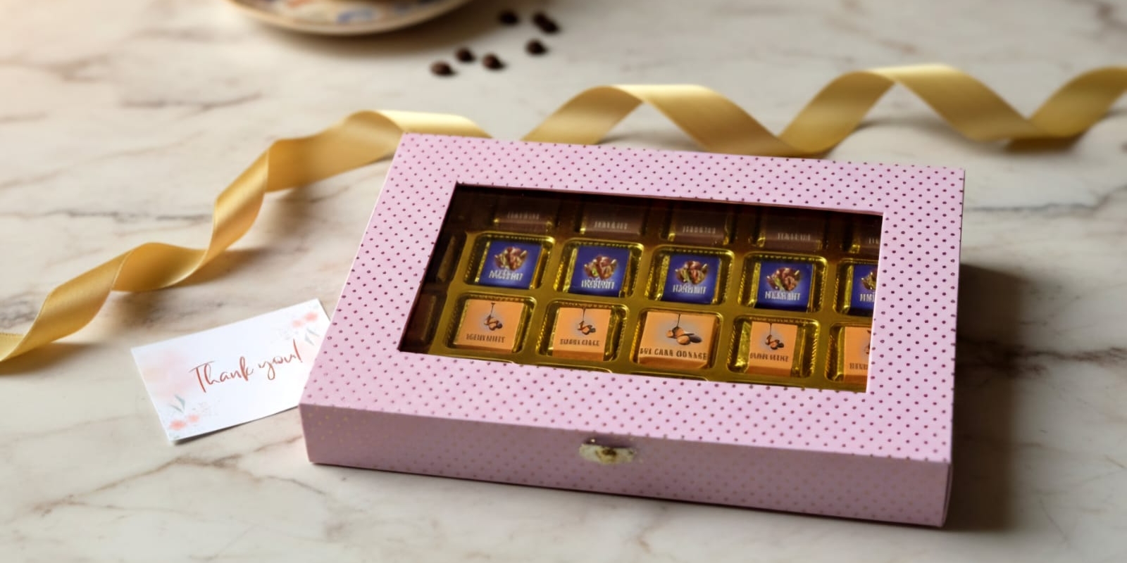 Chocolics pink assorted chocolate gift box with ribbon and thank-you card 4 Chocolics pink assorted chocolate gift box with ribbon and thank-you card