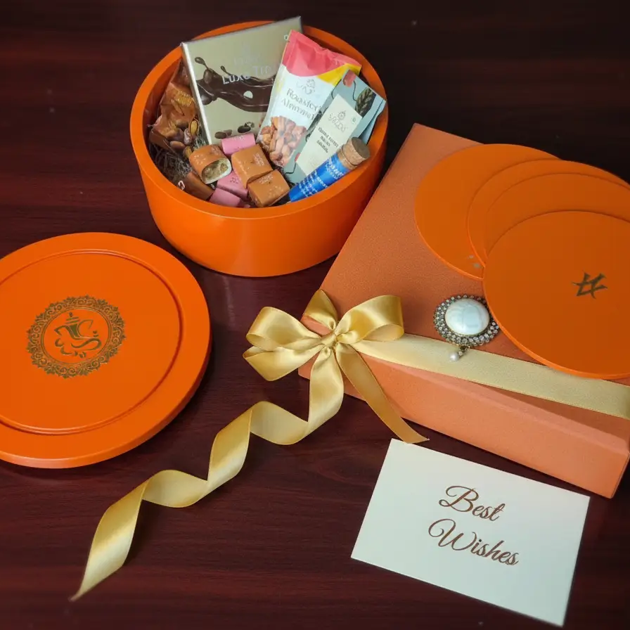 Luxurious orange Chocolics gift hamper featuring a reusable wooden box filled with assorted chocolates, chocolate-coated nuts, cookies, flavoured tea, almonds, nut bites, satin ribbon packaging, 5 placemats, and a personalised note card displayed on a wooden surface.