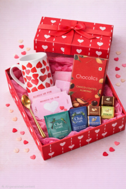 Valentine chocolate and tea gift box with heart mug, gold spoon and premium chocolates