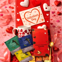 Valentine’s Chocolate, Tea & Heart Mug Gift Box – A Thoughtful Self-Care Valentine Gift (Pre-Order Only) 1 Valentine chocolate and tea gift box with heart mug, gold spoon and premium chocolates